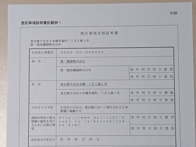 法人の登記事項証明書